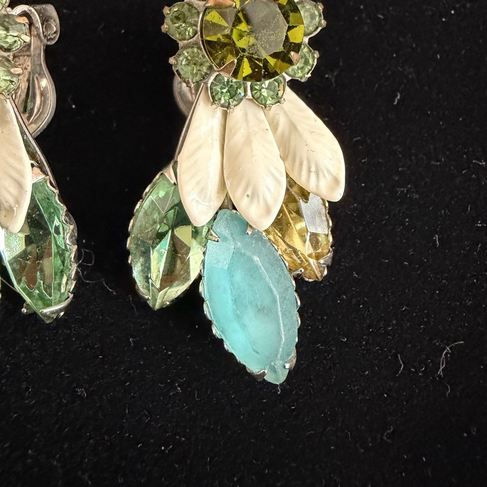 Vintage MCM Enamel Earrings Green Rhinestone Clip On Floral Cascade - Picture 3 of 5